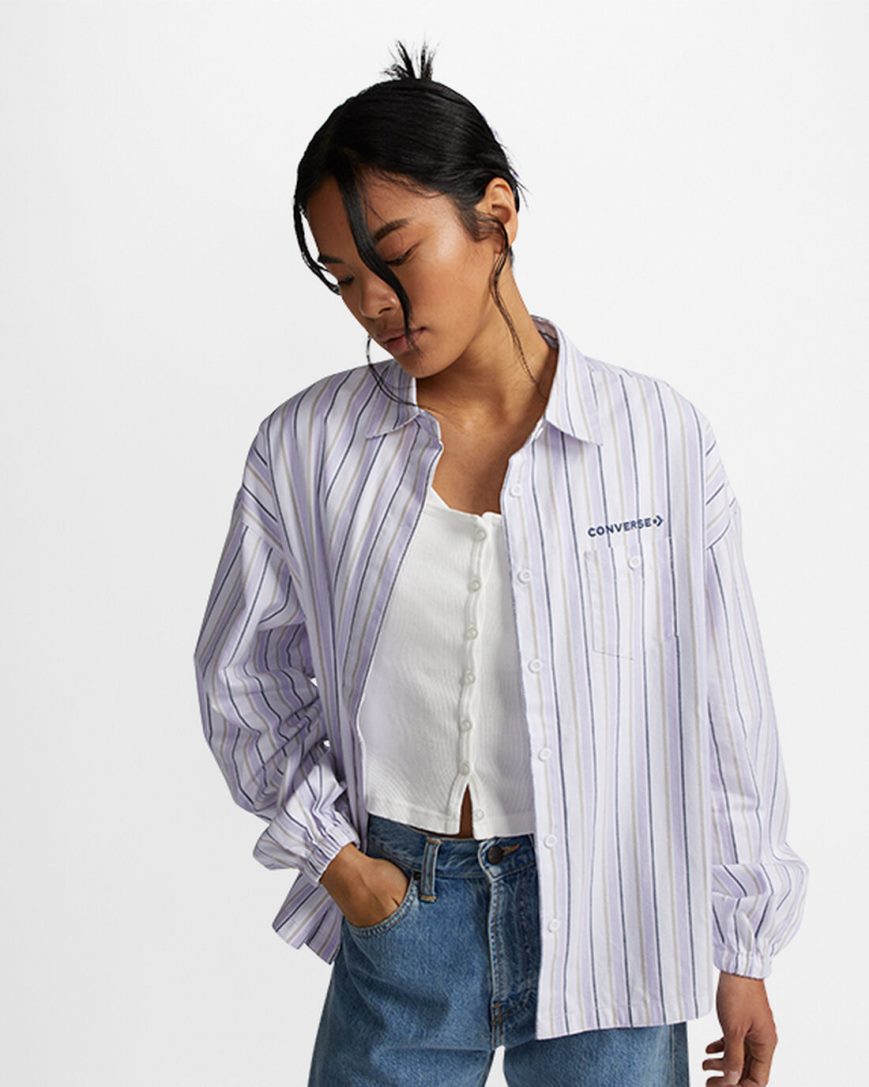 Women\'s Converse Striped Woven Button-Up Shirts Purple | AU 6835CW